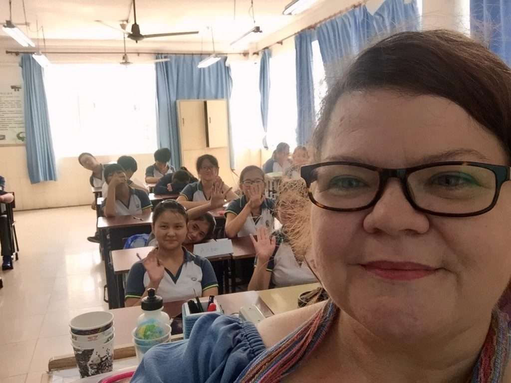 English Teacher Maree in a classroom with Chinese students
