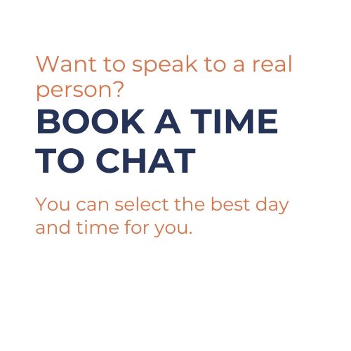 A black and orange background with the words want to speak to a real person book a time to chat.