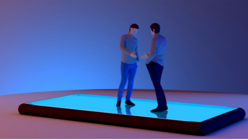Two men standing on top of a smartphone.