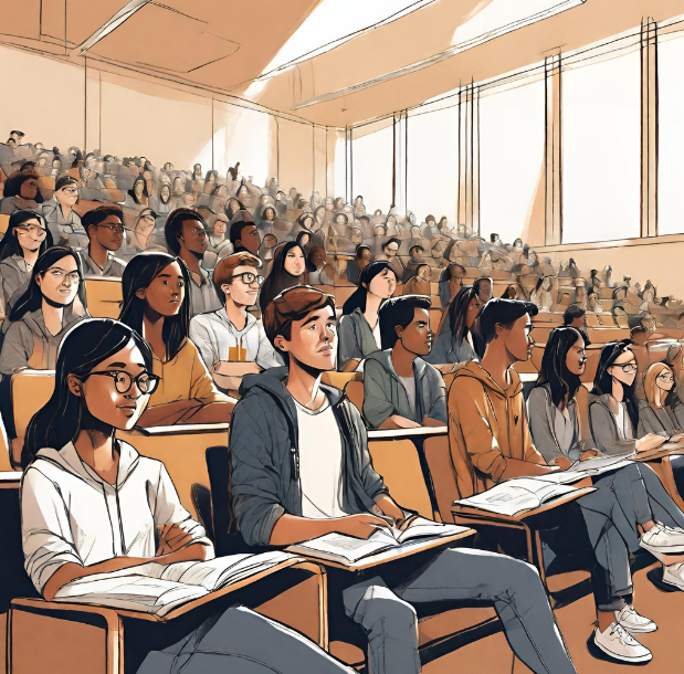 Illustration of a diverse group of students attentively listening in a large university lecture hall.
