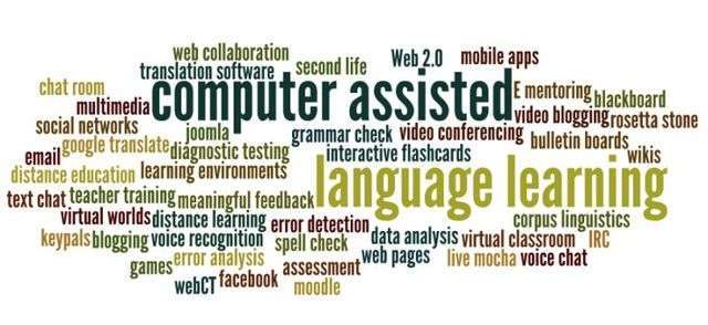 A word cloud featuring terms related to computer-assisted language learning, with prominent words including "computer assisted," "language learning," and "web collaboration.