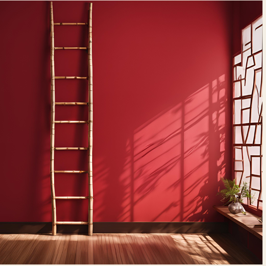 A tall bamboo ladder leans against a red wall in a sunlit room, with shadows from a window pattern cast on the wall and a small plant on a bench nearby.